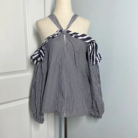 J. Crew Ruffles Off Shoulder Tie Neck blue stripes Top size 2 - Picture 3 of 8